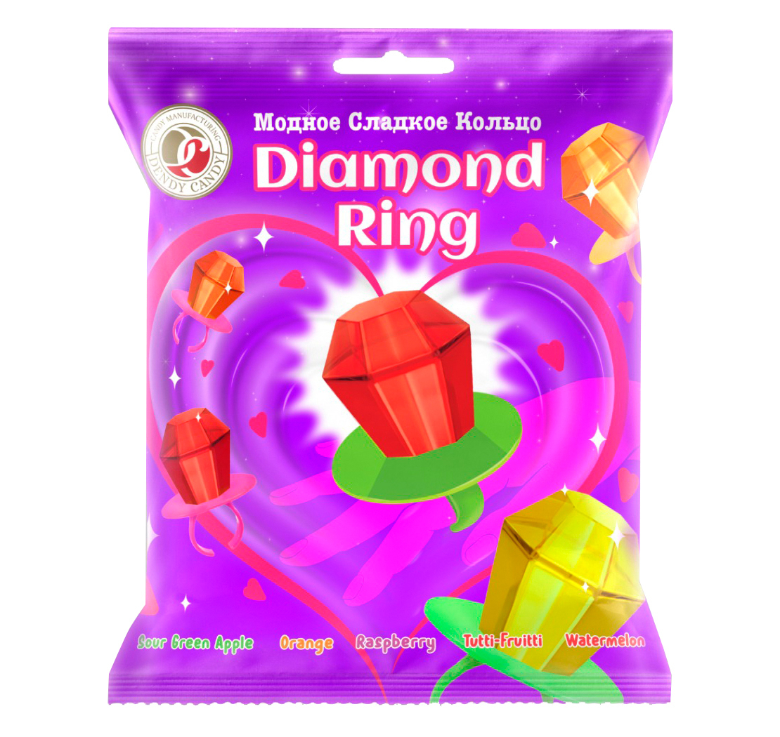 DENDY CANDY Candy caramel ring DIAMOND RING 5 pcs with the taste of apple, orange, watermelon, raspberry, tutti-frutti