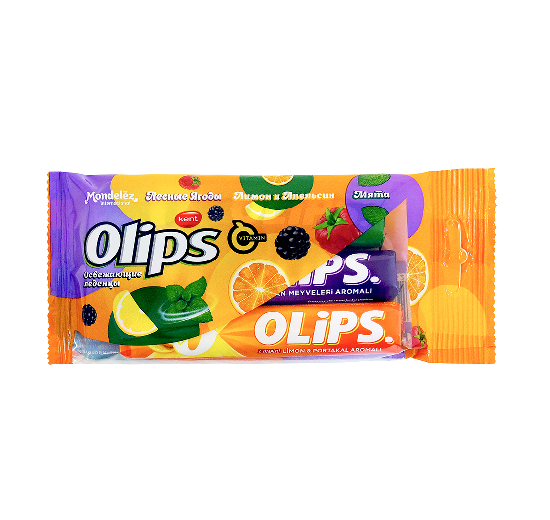 Caramel candy “OLIPS” with the taste of wild berries, lemon and orange with vitamin C, mint.