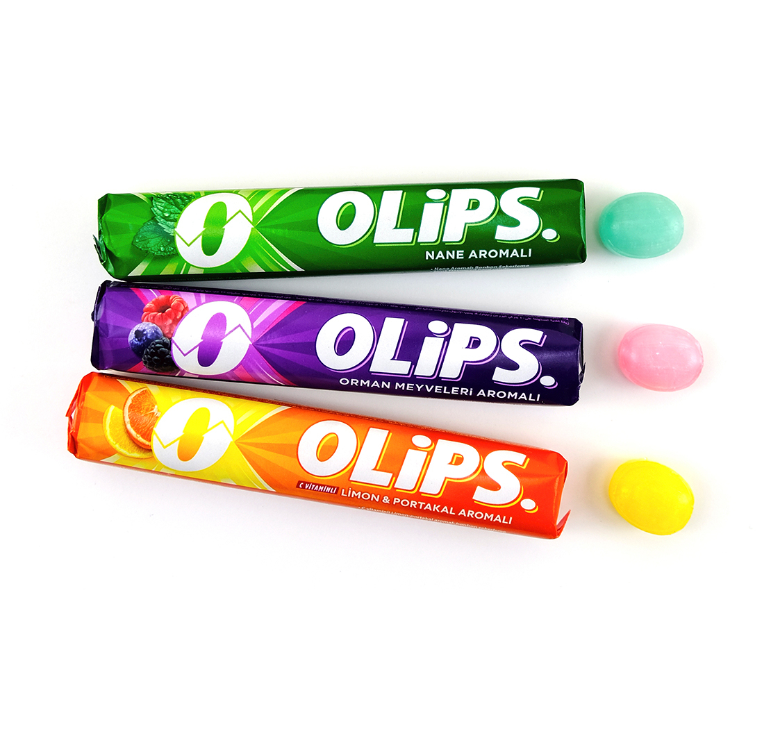 Caramel candy “OLIPS” with the taste of wild berries, lemon and orange with vitamin C, mint.